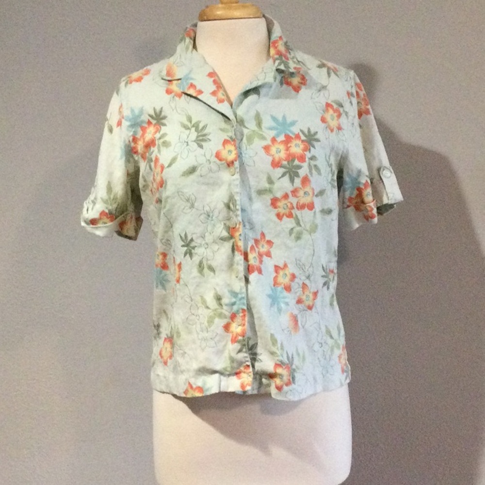 JM Collection by Jennifer Moore 100% Linen Floral Button Front Collared Shirt 8